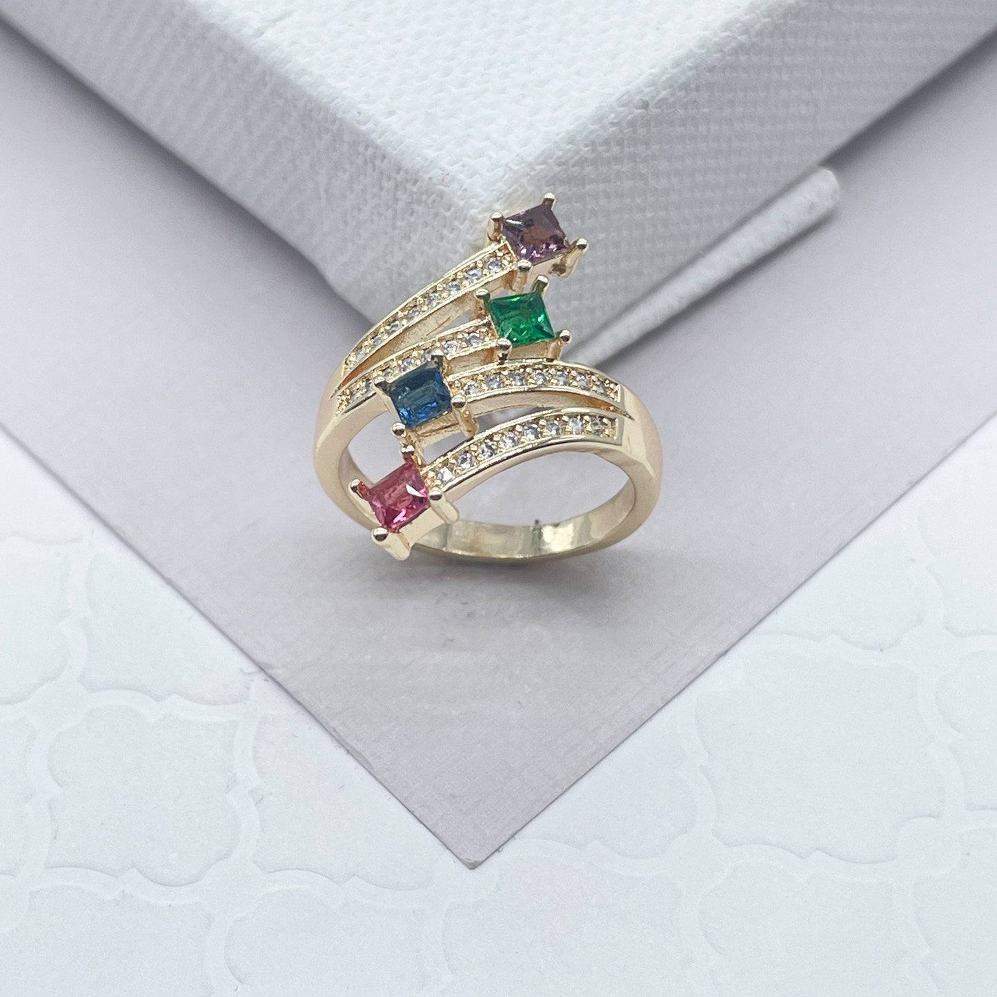 18k Gold Layered Ring with 4 Multi Color Princess Cut Zirconia Stone Featuring