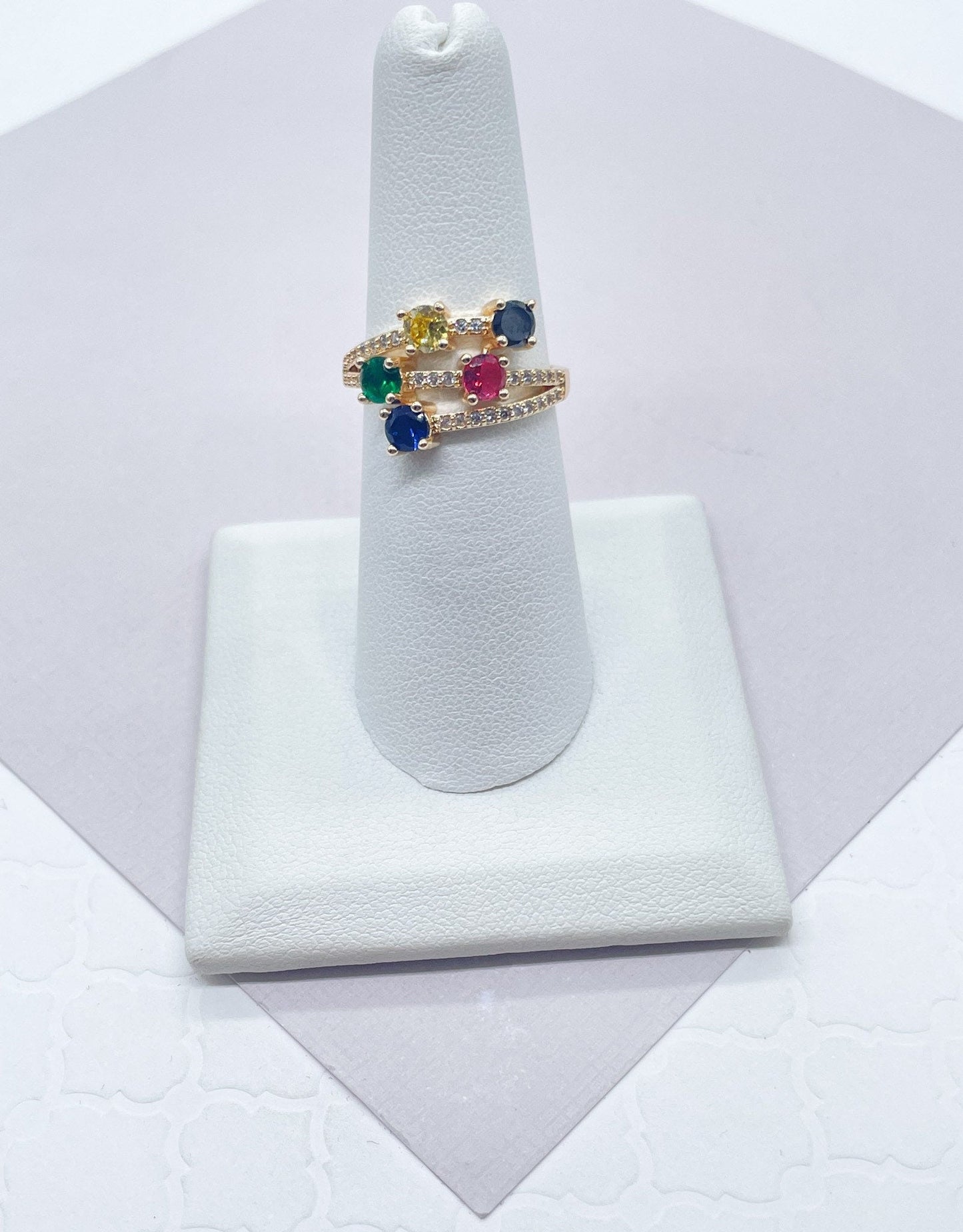 18k Gold Layered with Five Multi Color Cubic Zirconia Stones Ring Details In