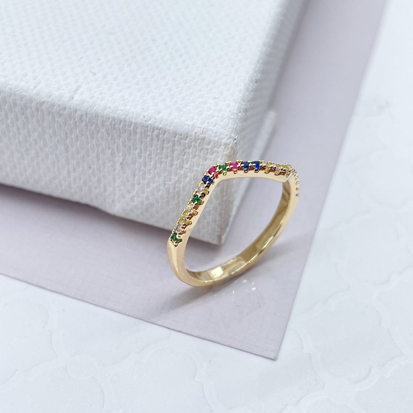 Half Eternity Chevron 18k Gold Layered Colorful Micro Pave Cubic Zirconia Ring