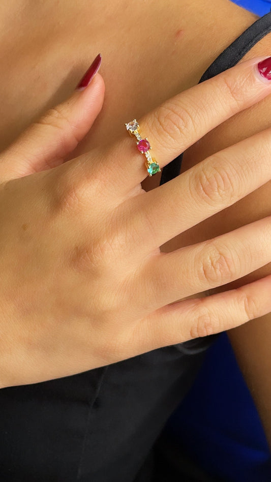 18k Gold Layered Pink, Crystal and Green Color Cubic Zirconia Stones Ring