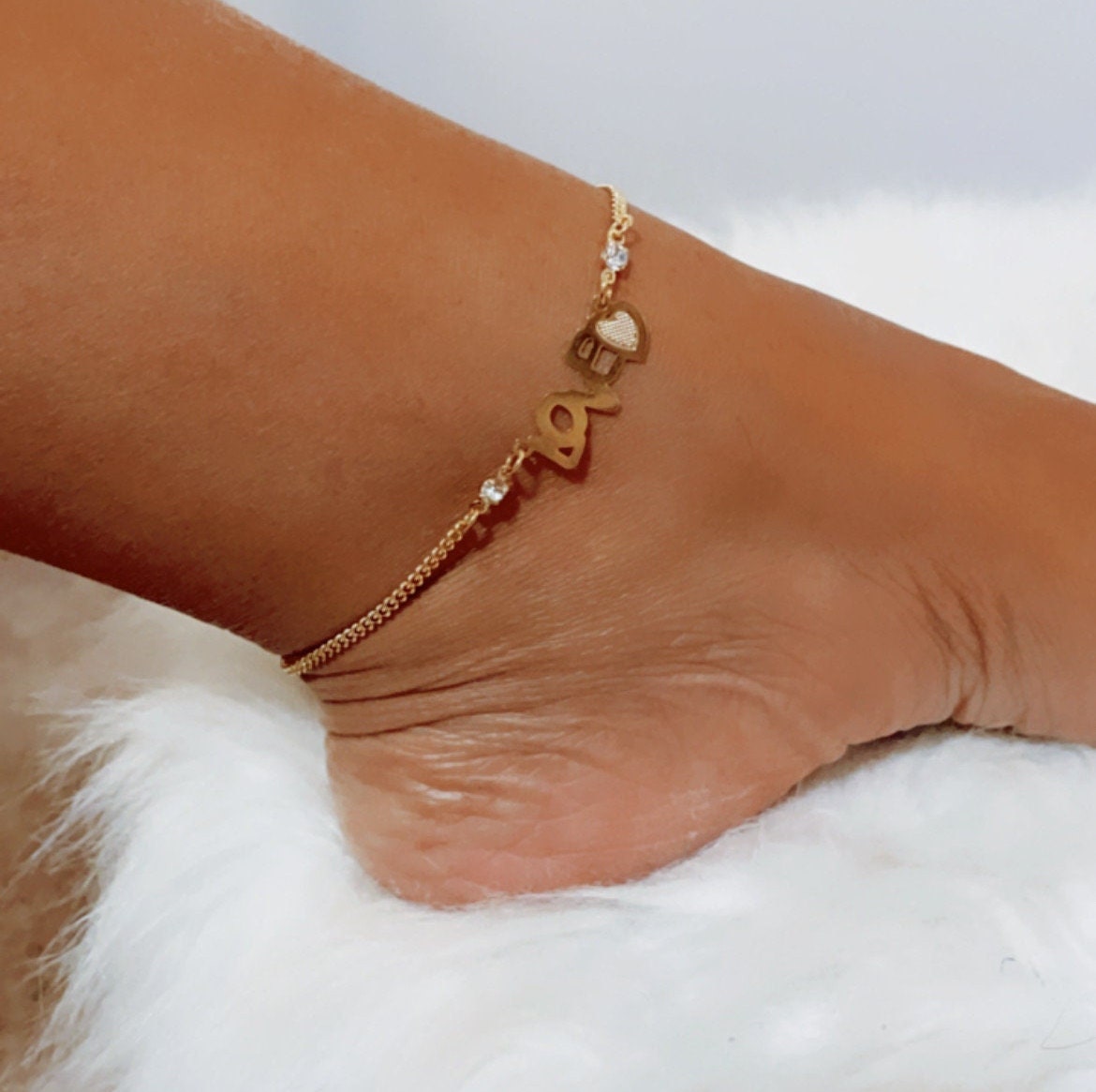 18k Gold Layered Thin Cuban Link "Love" Anklet Adorned By Two Cubic Zirconia