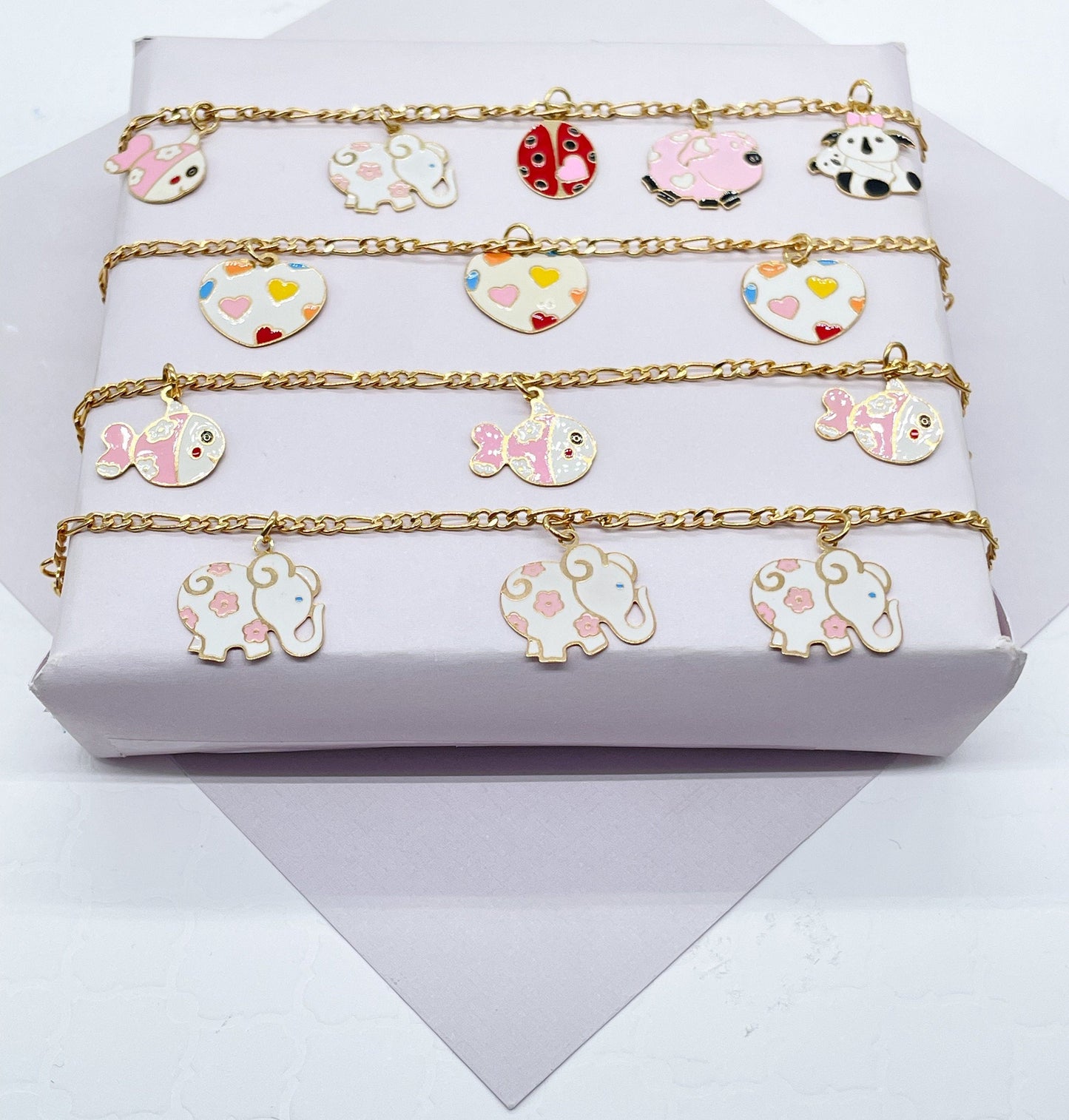 Cute 18k Gold Layered Children’s Colorful Charm Bracelet, Fish, Elephant, Bee,