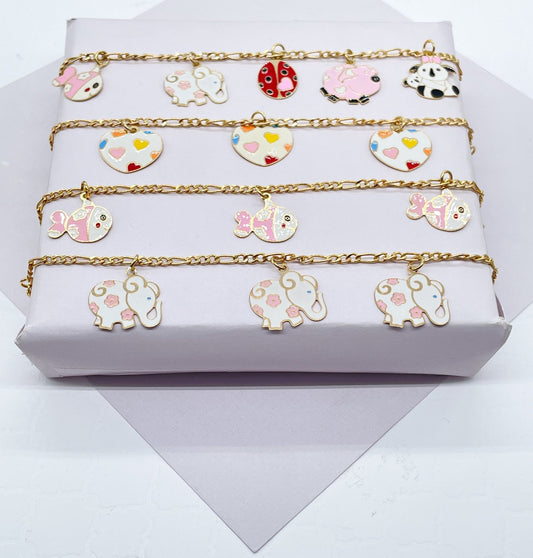 Cute 18k Gold Layered Children’s Colorful Charm Bracelet, Fish, Elephant, Bee,