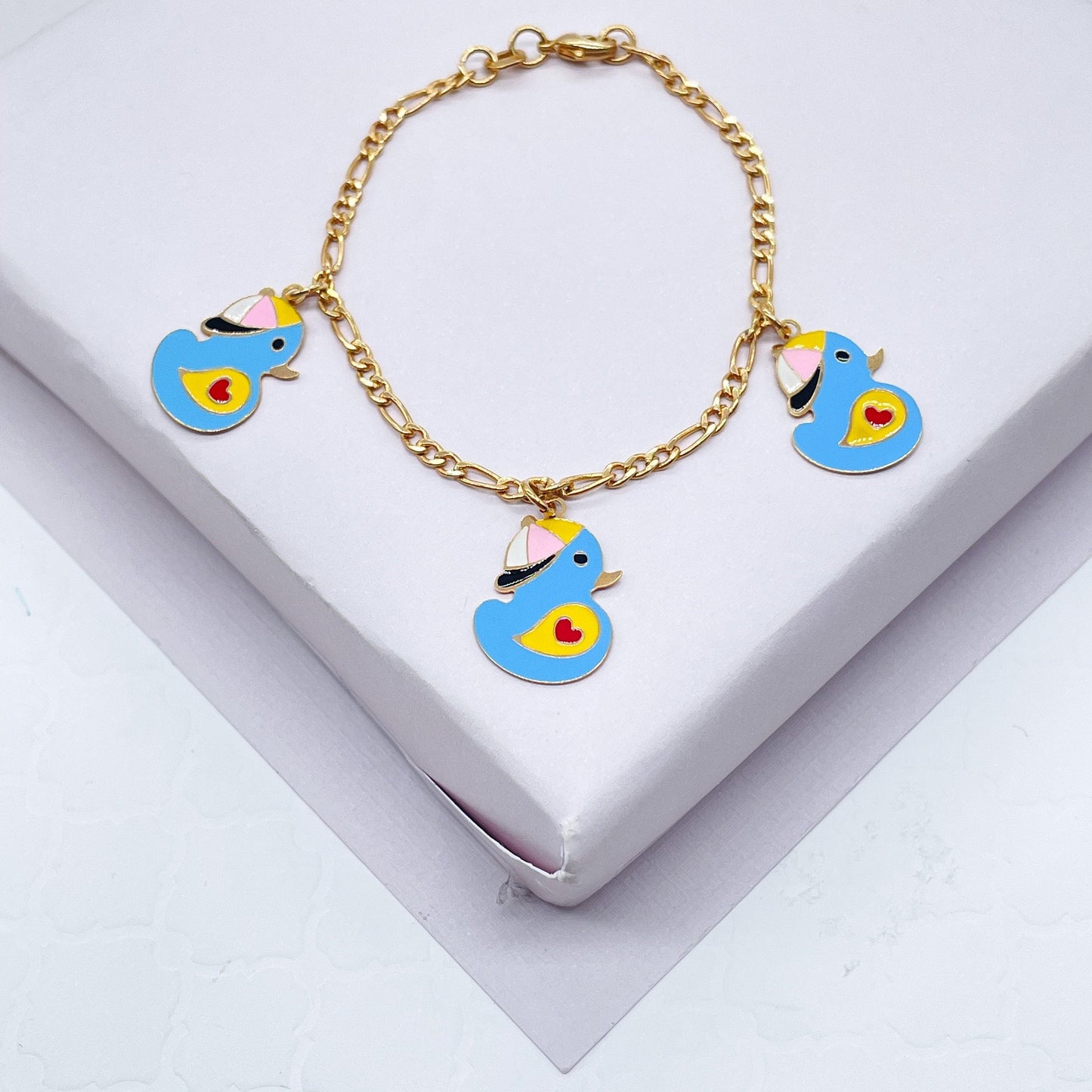 Cute 18k Gold Layered Children’s Colorful Charm Bracelet, Fish, Elephant, Bee,
