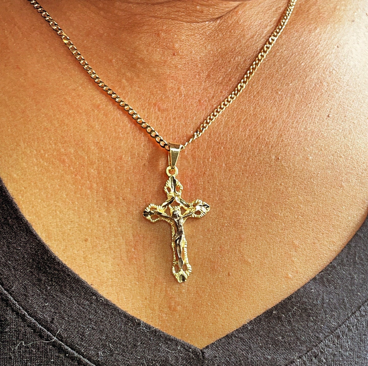 18k Gold Layered Textured Crucifix Cross Featuring Image Of Jesus Christ in