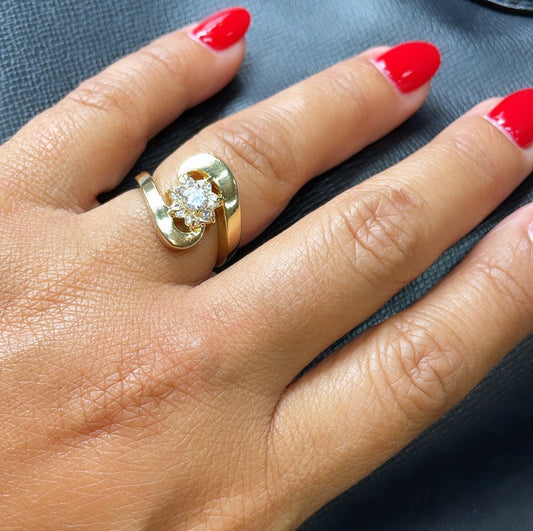 18k Gold Layered Flower Ring With Cubic Zirconia Stones Surrounded With Gold