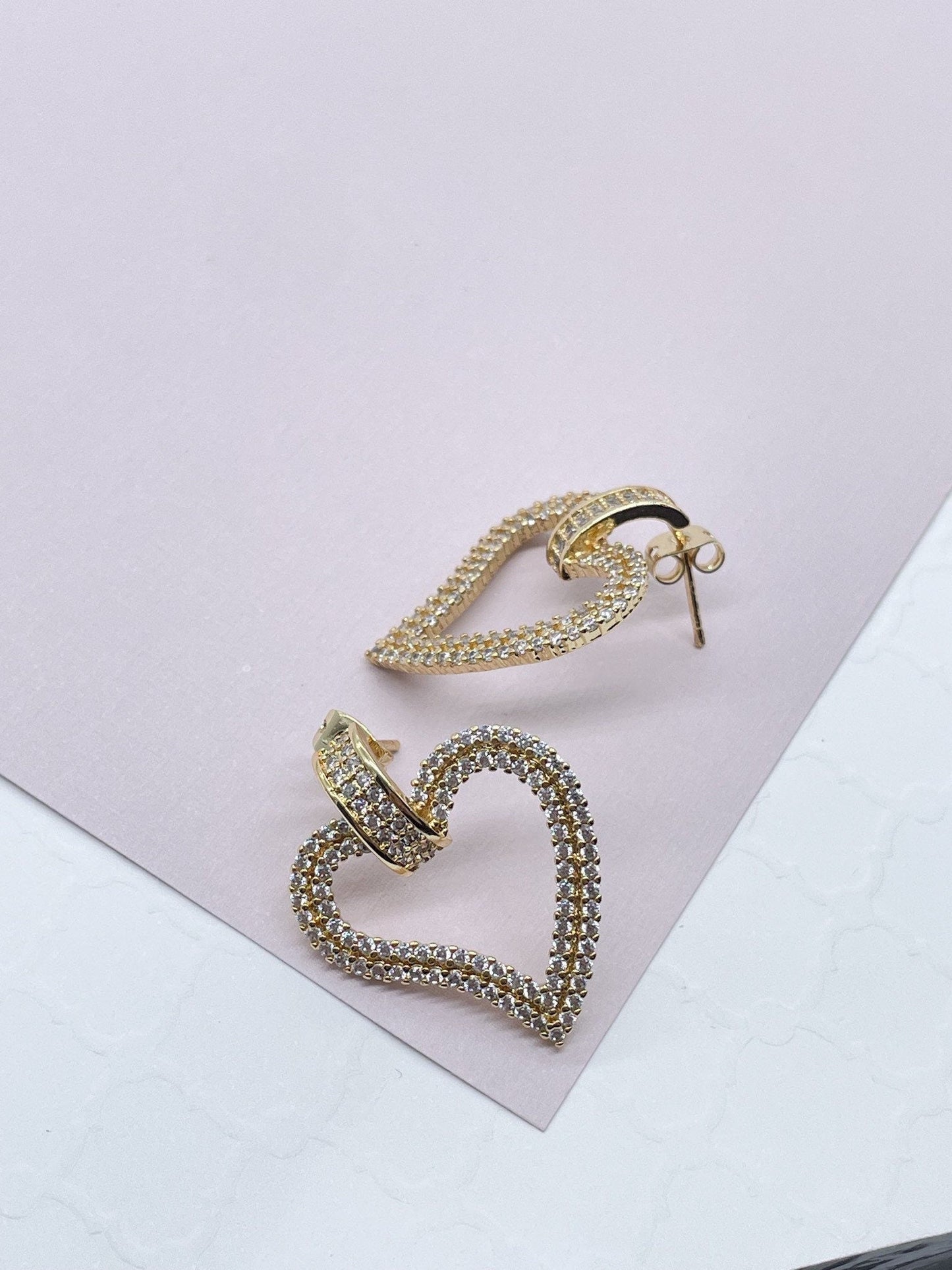 18k Gold Layered Micro Pave Cubic Zirconia Open Heart Earrings, Party Fancy