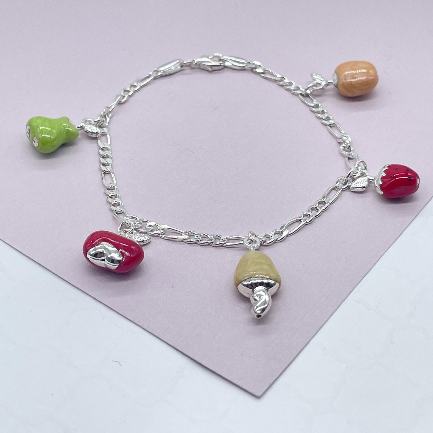 18k Gold Layered Charm Figaro Bracelet featuring Enamel Orange, Apple, Pear,