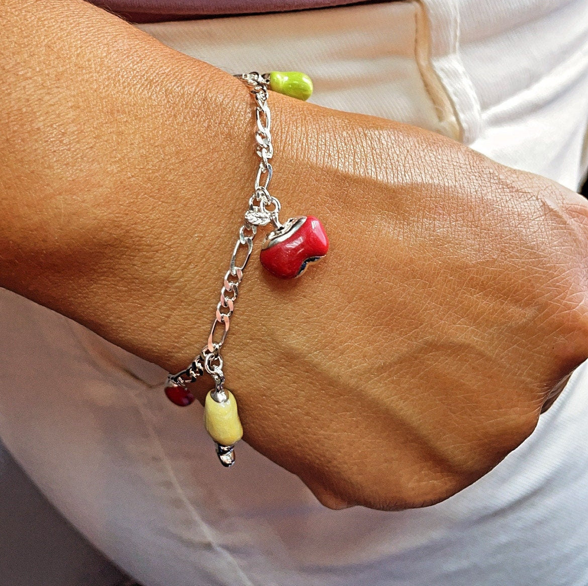 18k Gold Layered Charm Figaro Bracelet featuring Enamel Orange, Apple, Pear,