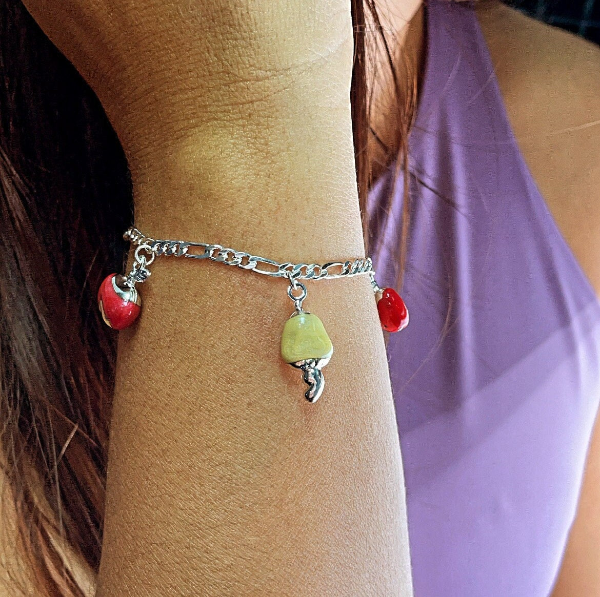 18k Gold Layered Charm Figaro Bracelet featuring Enamel Orange, Apple, Pear,