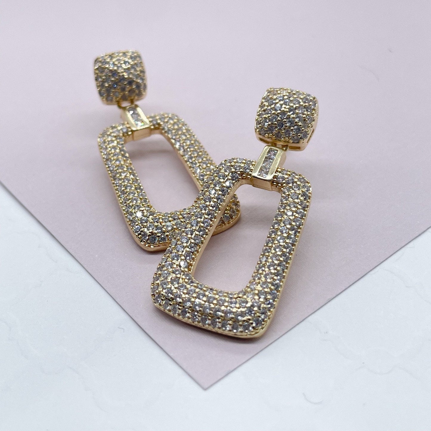 18K Gold Layered Square Micro Pave Cubic Zicornia Dangling Party Earrings