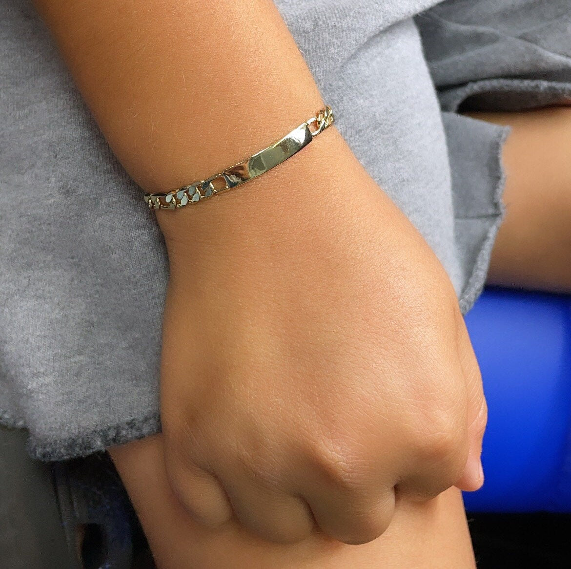 18k Gold Layered Figaro Link ID Children’s Bracelet, Bar Bracelet For Kids