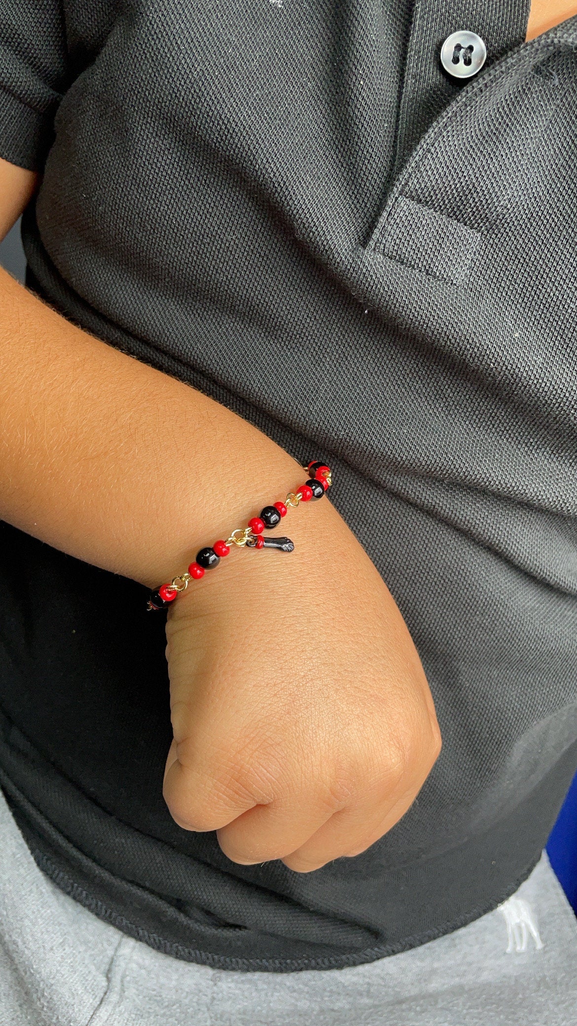 18k Gold Layered Kids Beaded Bracelet With Black "Figa" Hand & Simulated Azabache