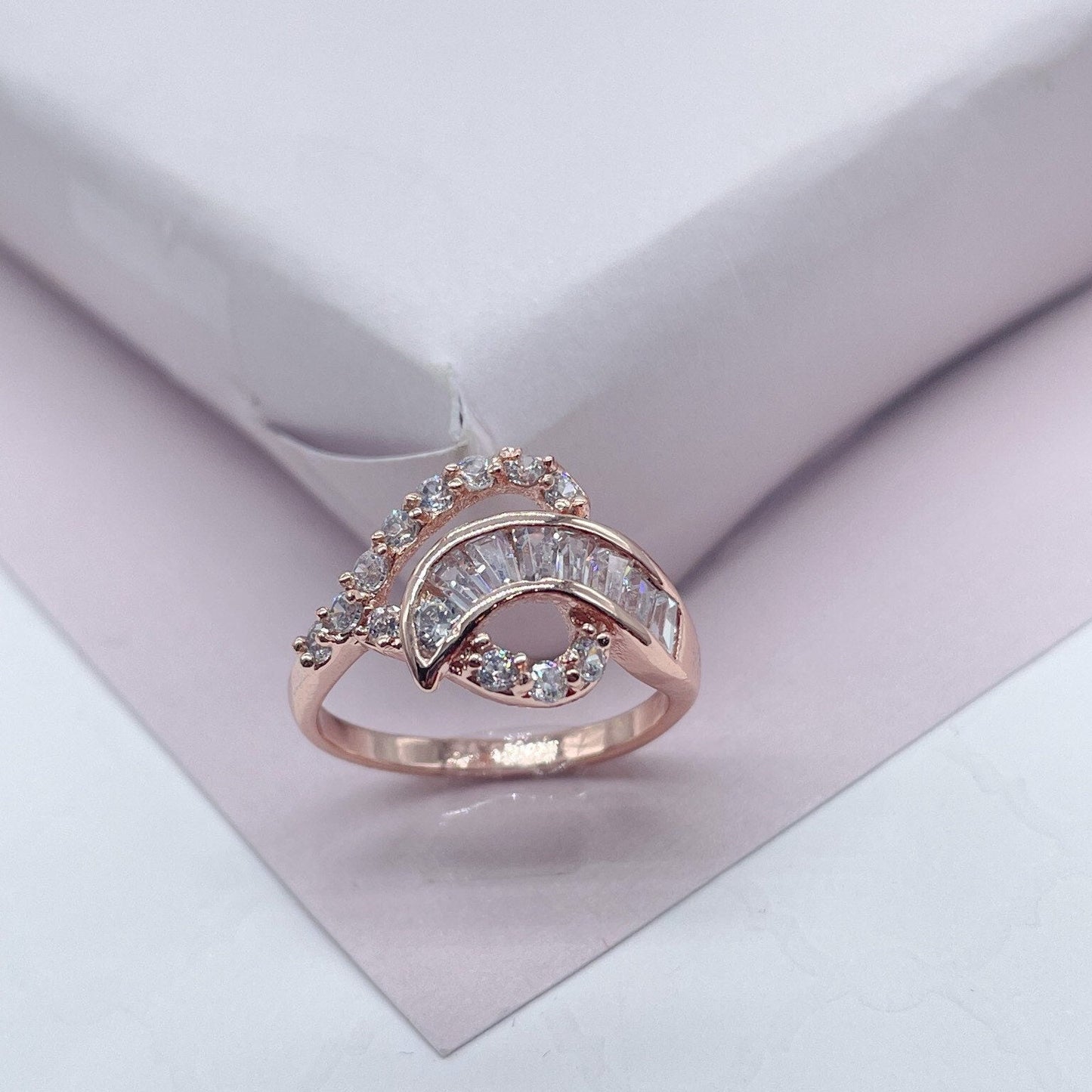 Silver Layered or Rose Gold Cubic Zirconia Mixed Baguette Zirconia Ring Wholesale