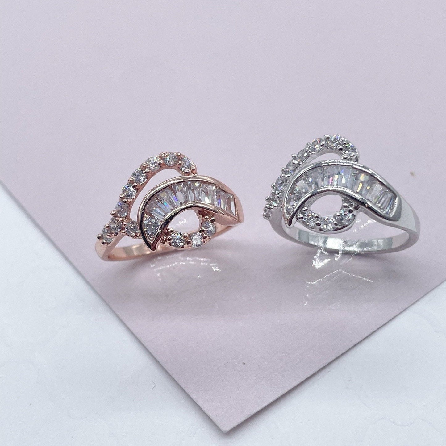 Silver Layered or Rose Gold Cubic Zirconia Mixed Baguette Zirconia Ring Wholesale