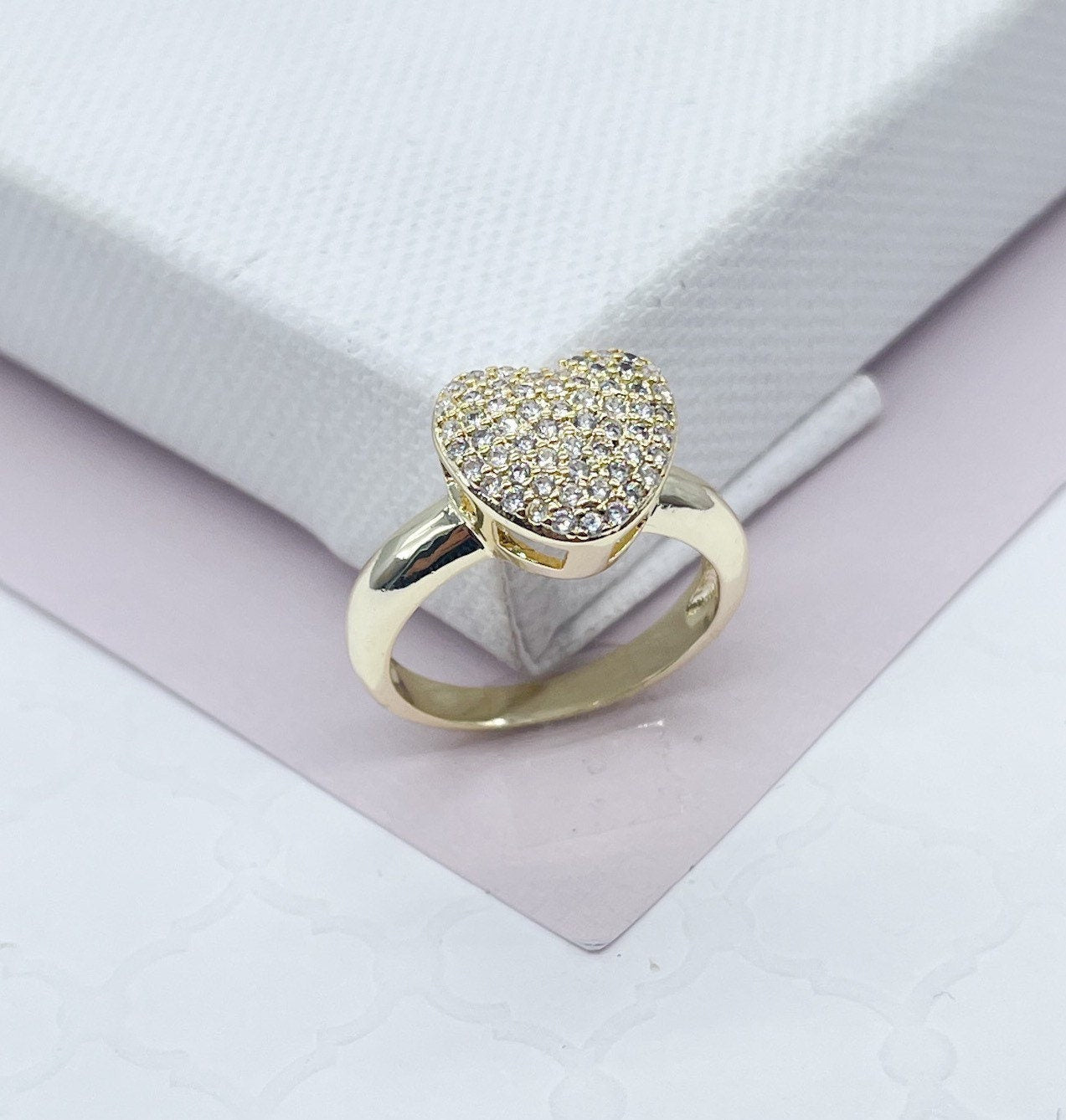 18k Gold Filled Ring Featuring Large Heart Cubic Zirconia In Micro Pave Settings Jewelry