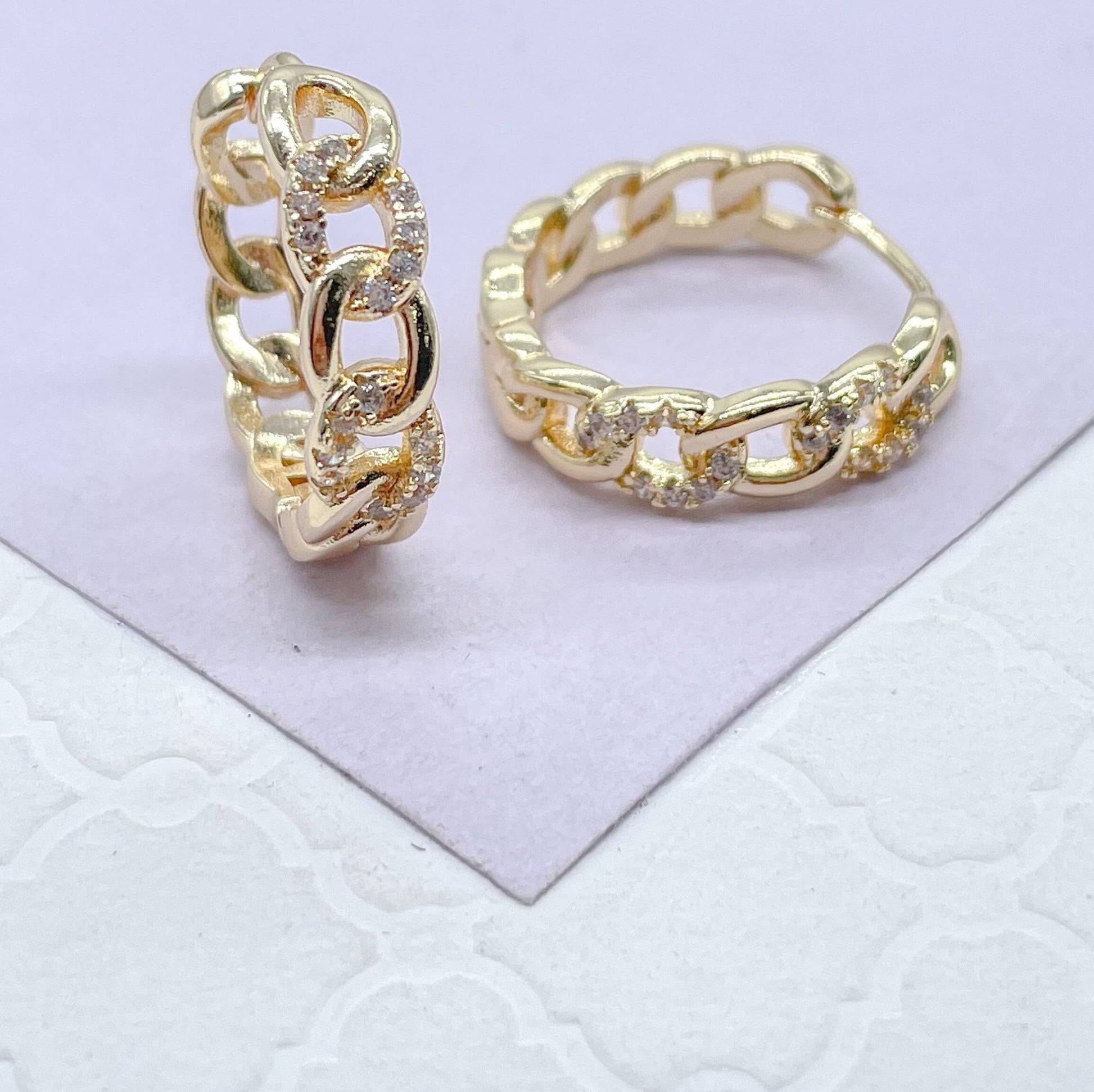 18k Gold Filled Chain Link Huggie Earring With CZ Stones