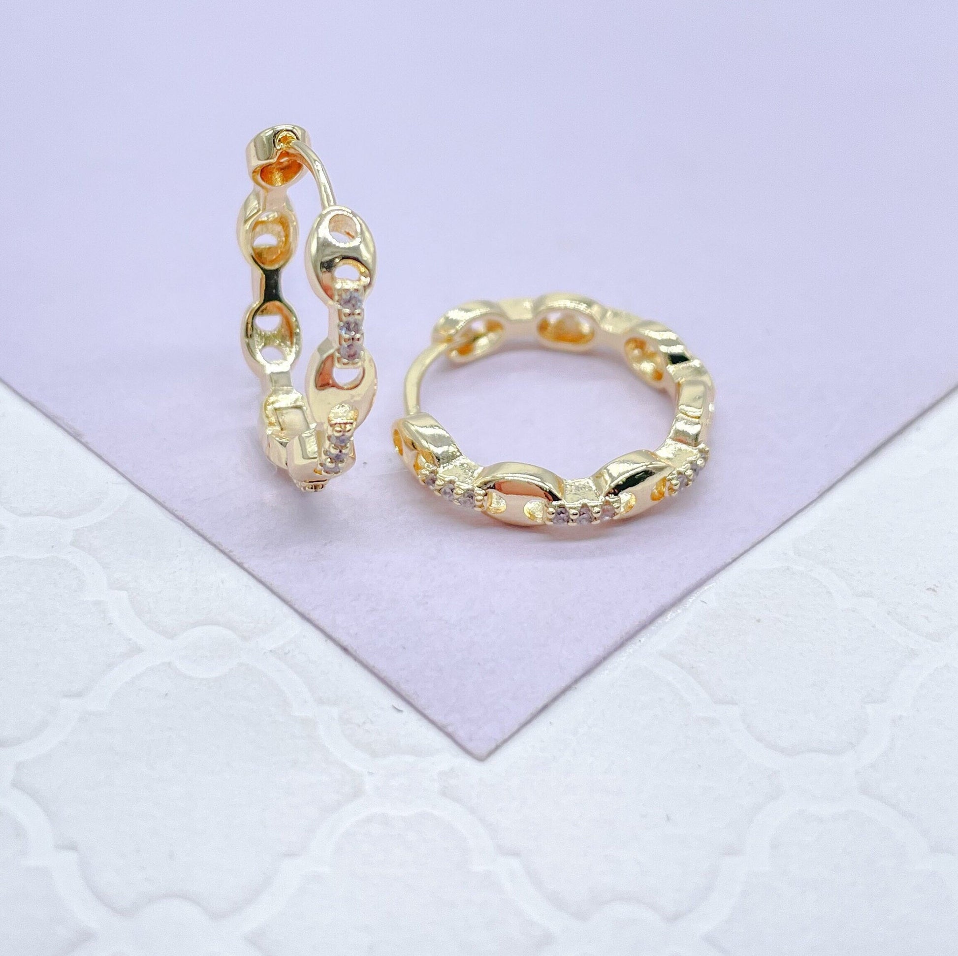 18k Gold Filled Puffy Mariner Curb Link Huggie Hoops With CZ Stones
