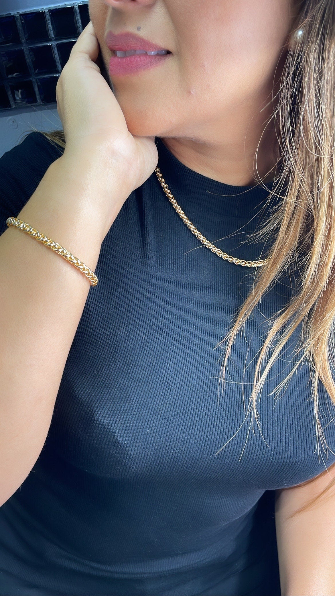 18K Gold Filled Unique Link 5mm Thick Braided Wheat Link Set, Statement Piece, Simple Jewlery, Sold Separate Or Together