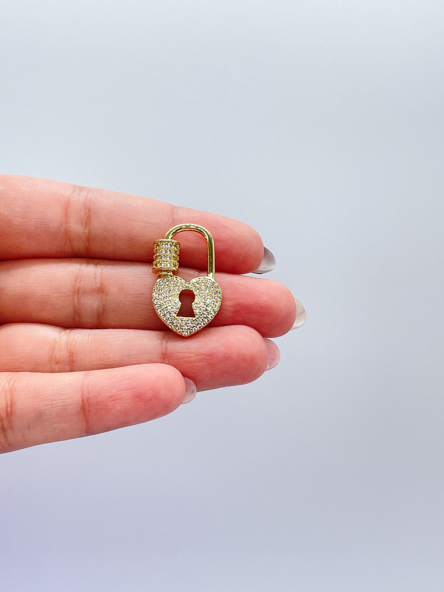 Unique 18k Gold Filled Heart Shape Carabiner Lock Clasp Featuring Plain and Pave Zirconia Style