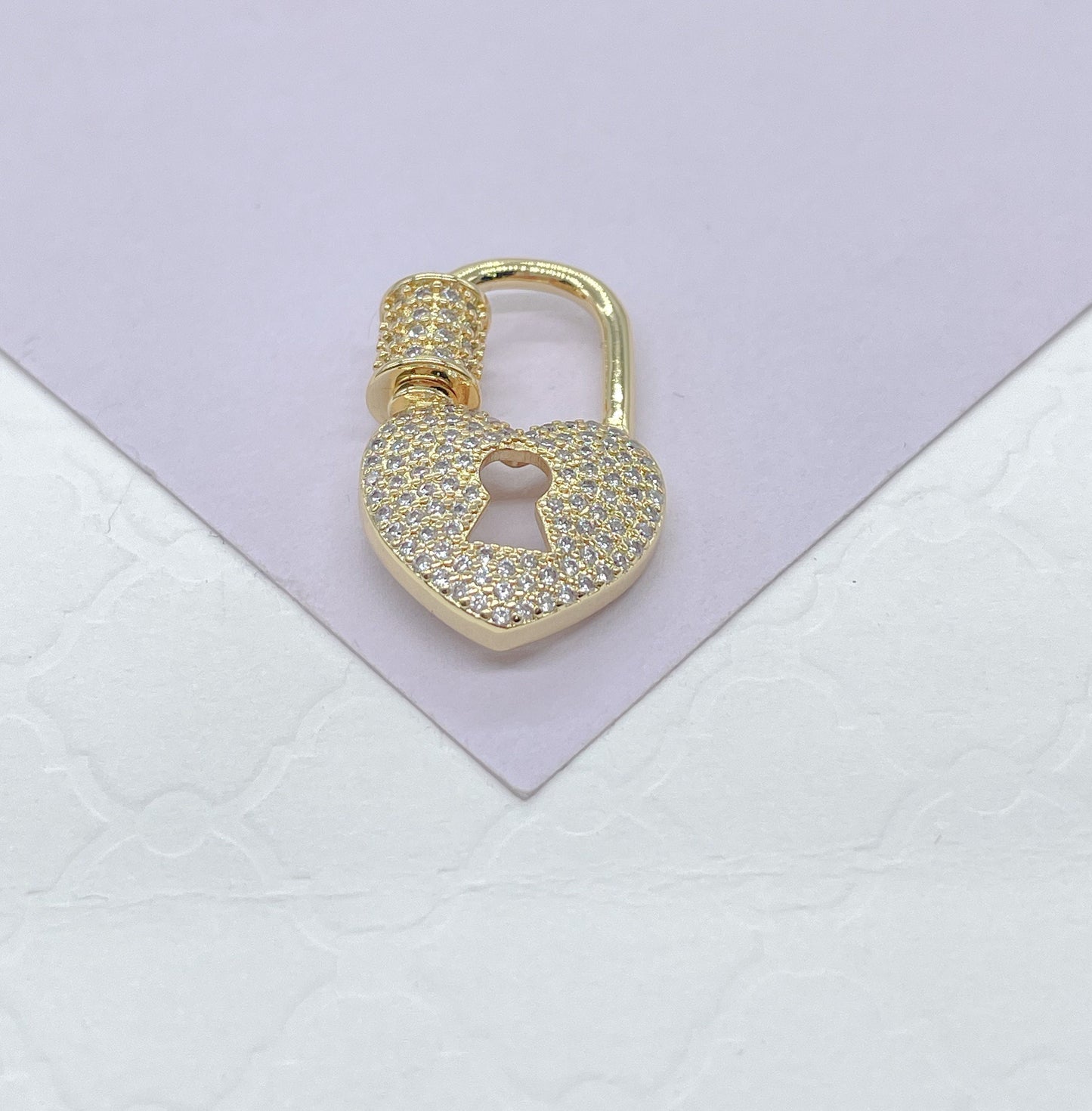 Unique 18k Gold Filled Heart Shape Carabiner Lock Clasp Featuring Plain and Pave Zirconia Style