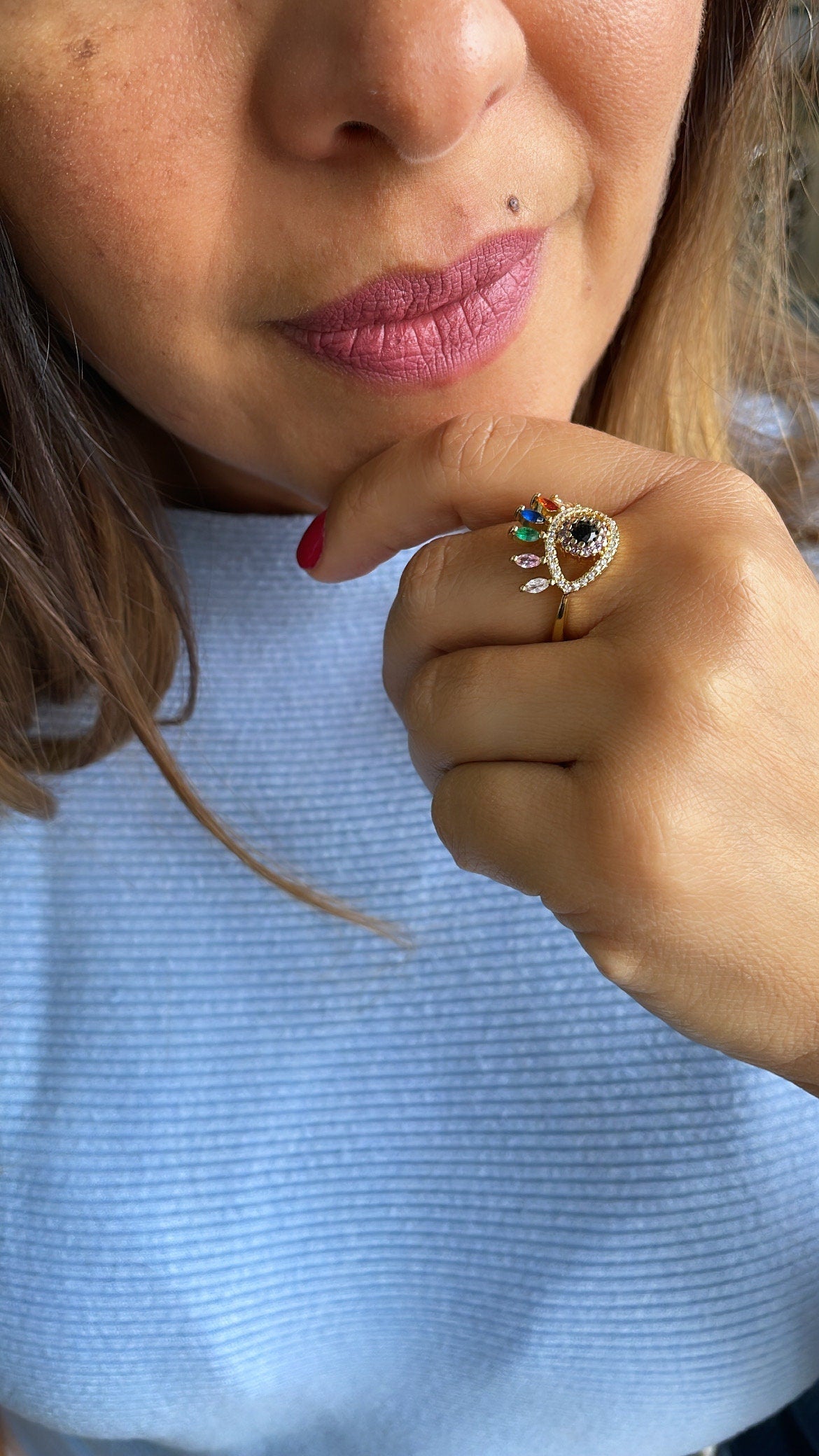 18k Gold Filled Adjustable Evil Eye Ring Crowned Featuring Multi Color Zirconia Stones