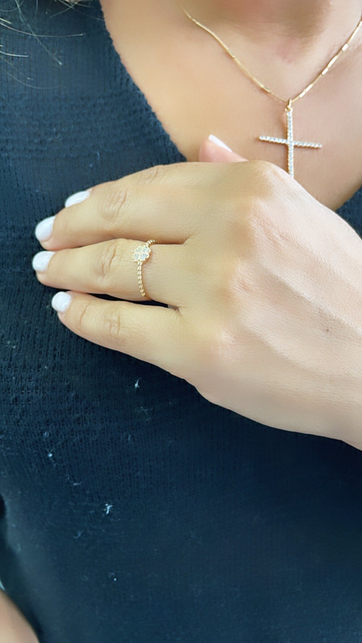 18k Goldfilled Mid Beaded Band Pave Four Leaf Clover Ring Wedding Gift, For her , Gift Idea Dainty Ring,Minimalist Jewlery Statement Piece