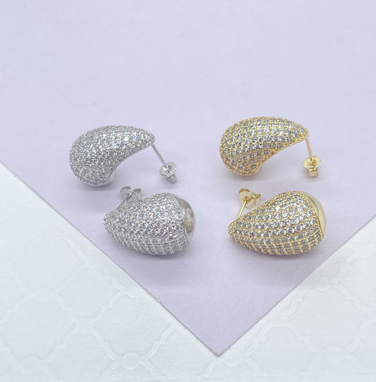 18k Gold Filled Chunky Tear Drop Earring Covered in Pave CZ Stones, Available in 2 sizes