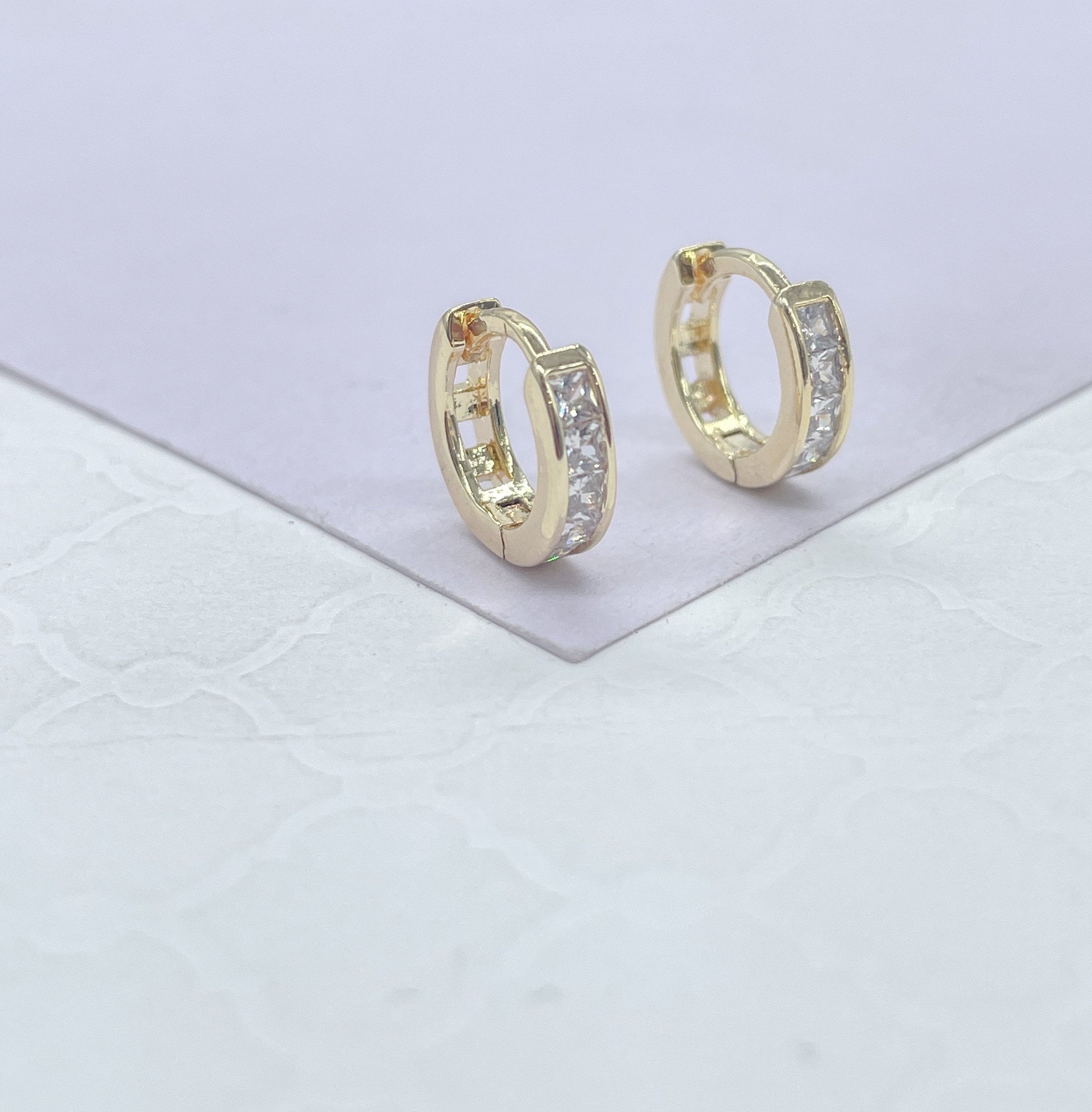 18k Gold Filled Small Children’s Baguette Stone Huggie Hoop Earrings