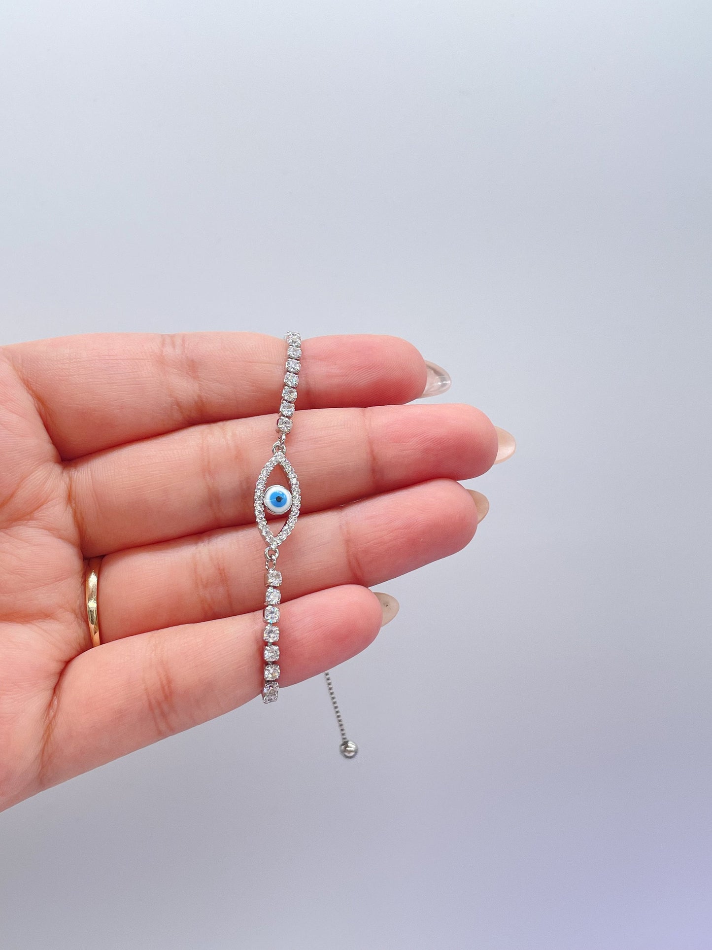 18k Gold Filled Adjustable Tennis Evil Eye Bracelet Featuring Slide Clasp Hypoallergenic Jewelry, Tennis Bracelet, Dainty Evil Eye,