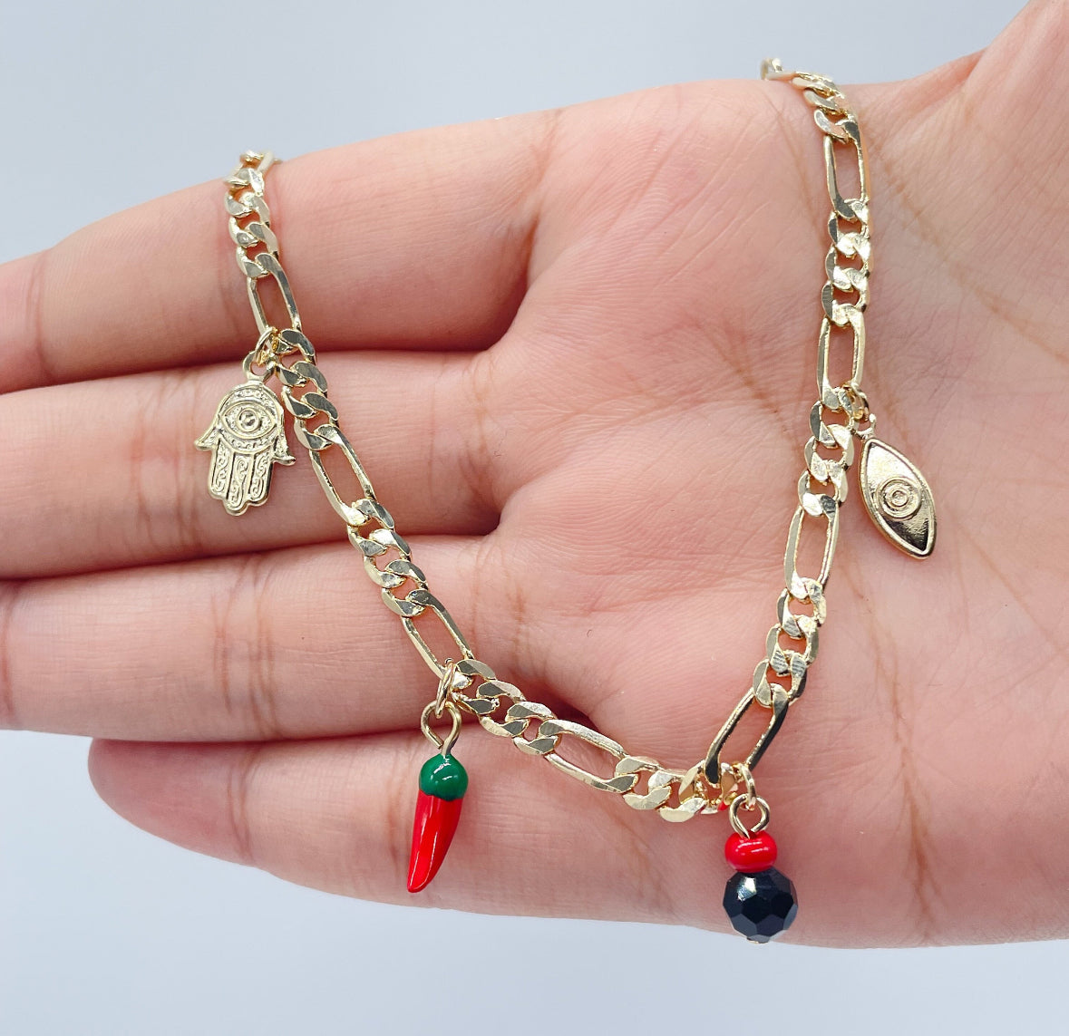 18k Gold Layered 4mm Figaro Link Charm Anklet Featuring Hamsa, Simulated