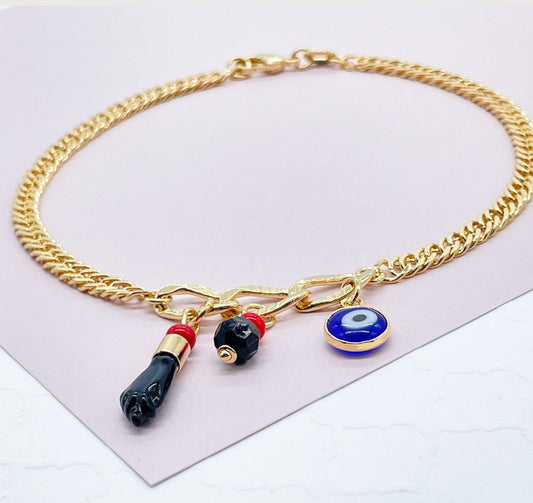 18k Gold Filled Protection Anklet Made With Cuban Link Chain And Featuring 3