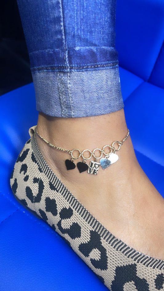 18k Gold Filled Figaro Anklet With Plain Heart Charms & Love Charm