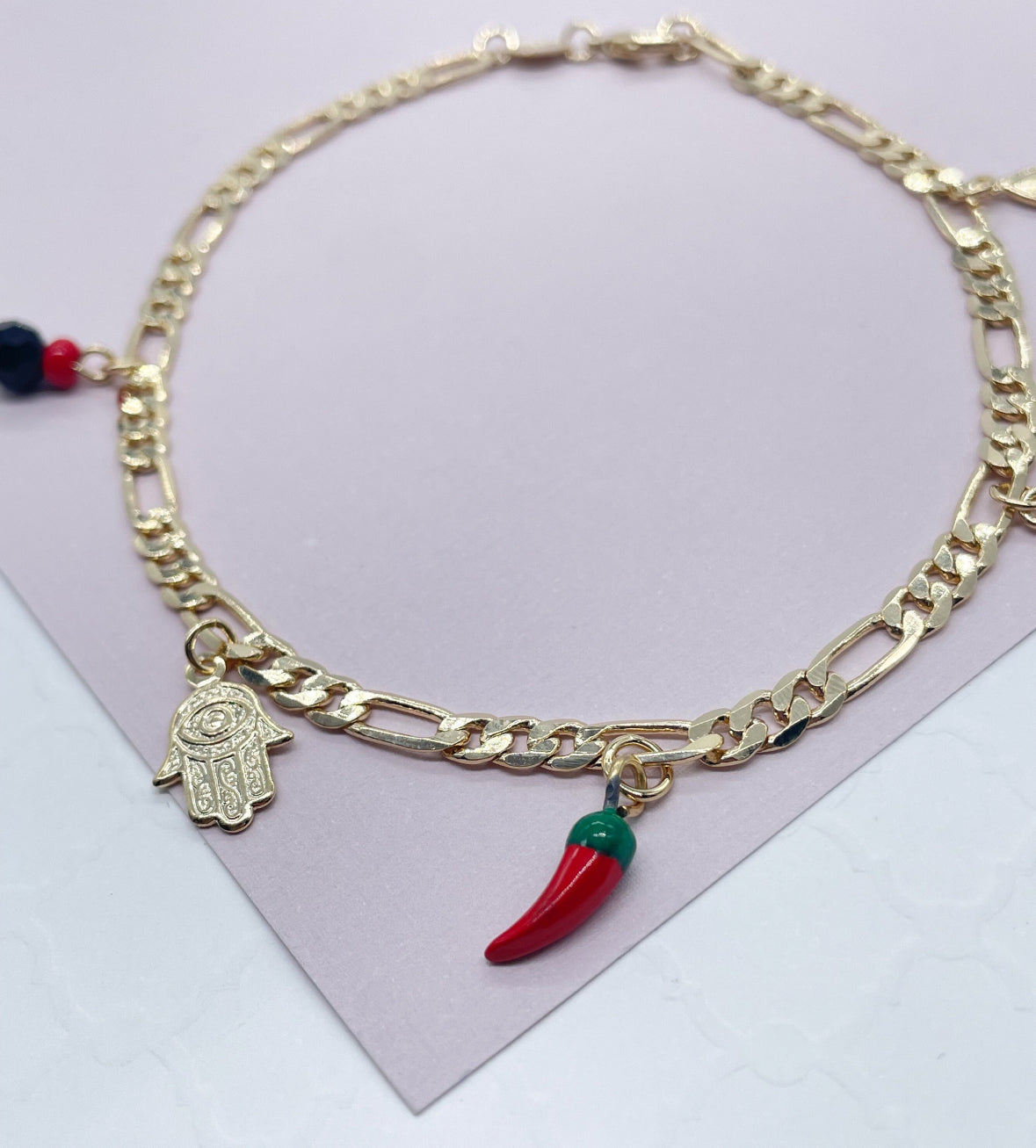 18k Gold Layered 4mm Figaro Link Charm Anklet Featuring Hamsa, Simulated