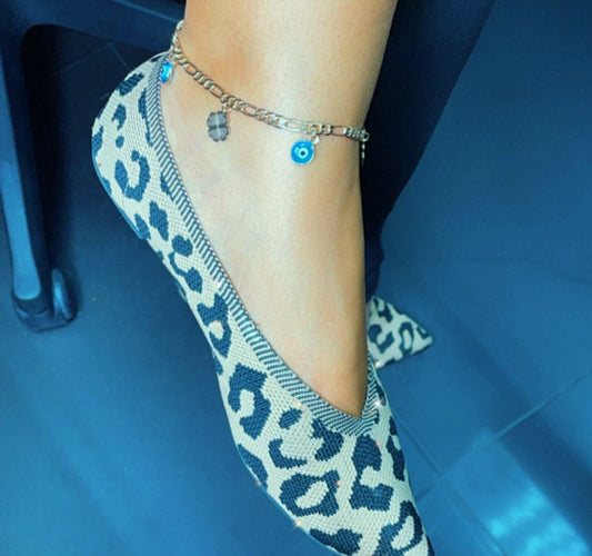18k Gold Filled Evil Eyes And Lucky Clover Leaves Anklet In A Figaro Chain