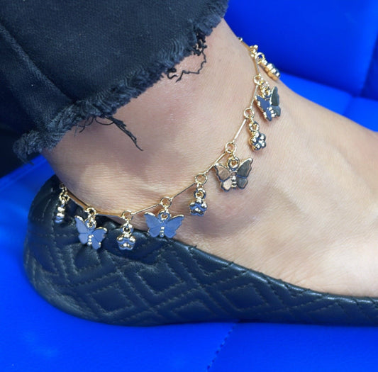 18k Gold Filled Dainty Link Ankle With Butterfly and Four Leaf Clover Charms