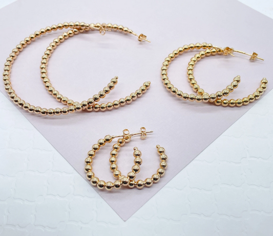18k Gold Filled Ball Beaded C Hoop Earring Available Small, Medium and Large