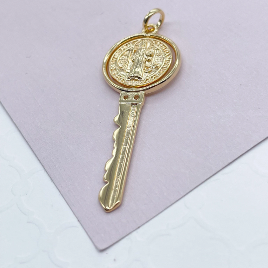 Swivel Double Sided 18k Gold Layered San Benito Engraved Key Pendant