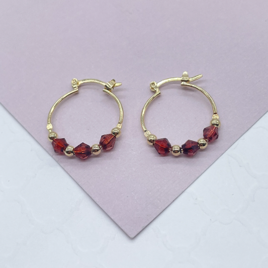 18k Gold Layered Thin Hoop Earrings With Diamond Shape Maroon Acrylic And Mini Gold Beads