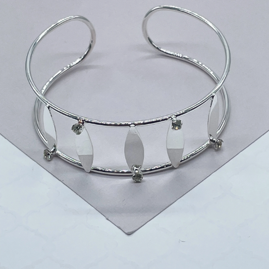 18k Silver Layered See Through Bangle Bracelet, Patterned With Silver Pieces & Zirconia
