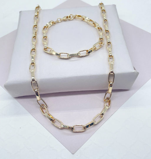 Thick 18k Gold Layered Paper Clip Set Featuring Bracelet And Necklace