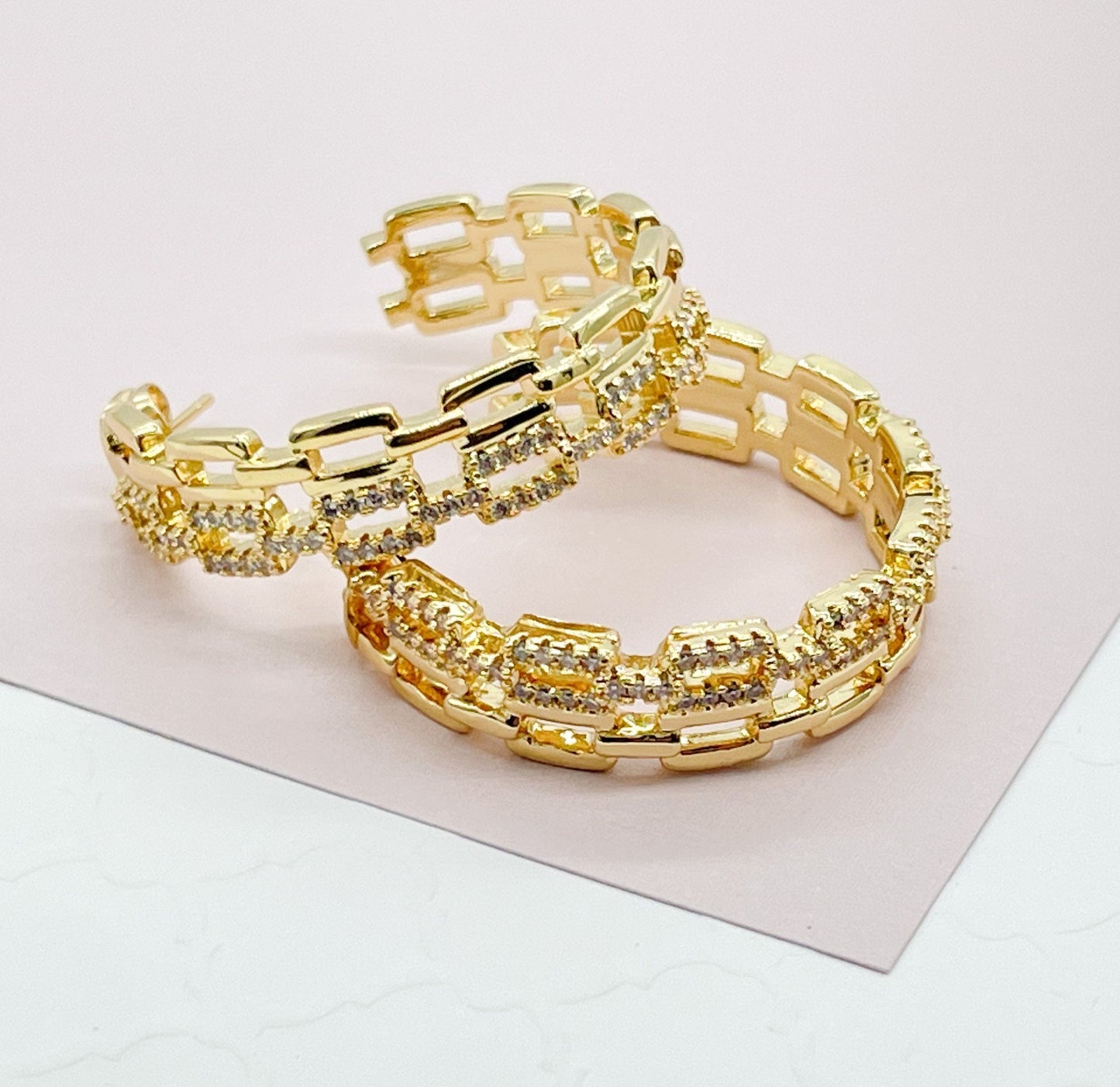 18k Gold Filled Chain Link Hoop Earrings Featuring Cubic Zirconia, Dainty Curb