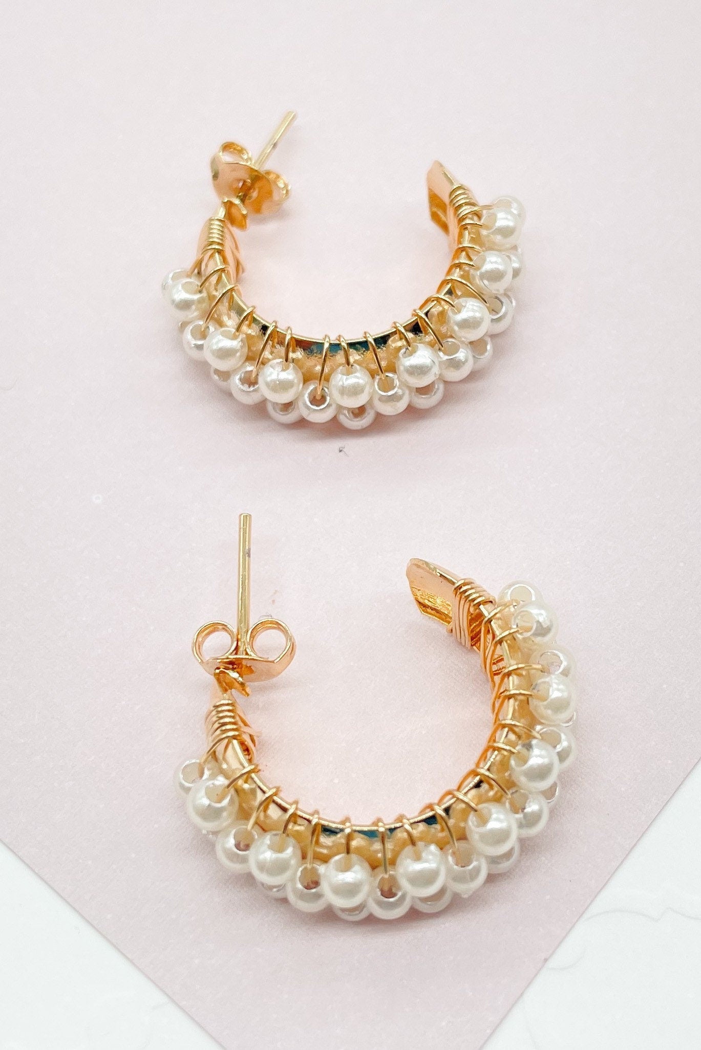 18k Gold filled Hoop Earrings Featuring A Wire Wrap of Pearls Around The Hoop