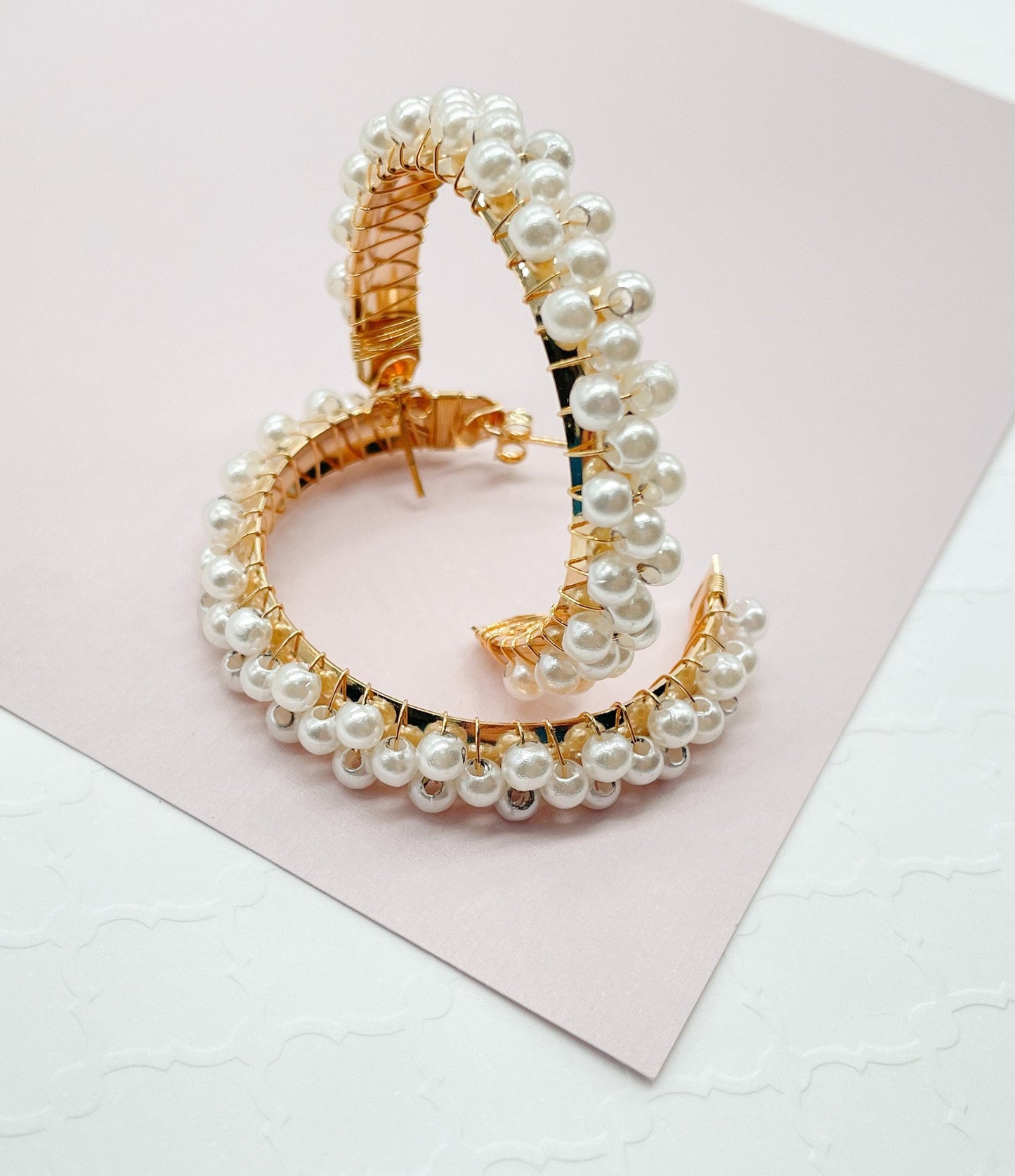 18k Gold filled Hoop Earrings Featuring A Wire Wrap of Pearls Around The Hoop