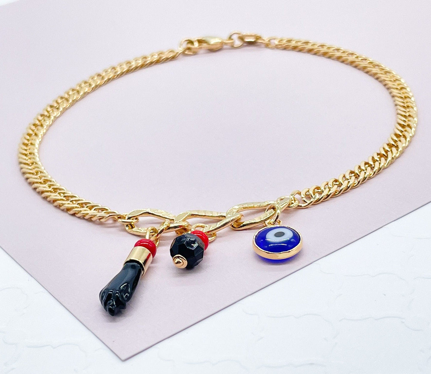 18k Gold Filled Cuban Link Anklet: Evil Eye & Figa Charms