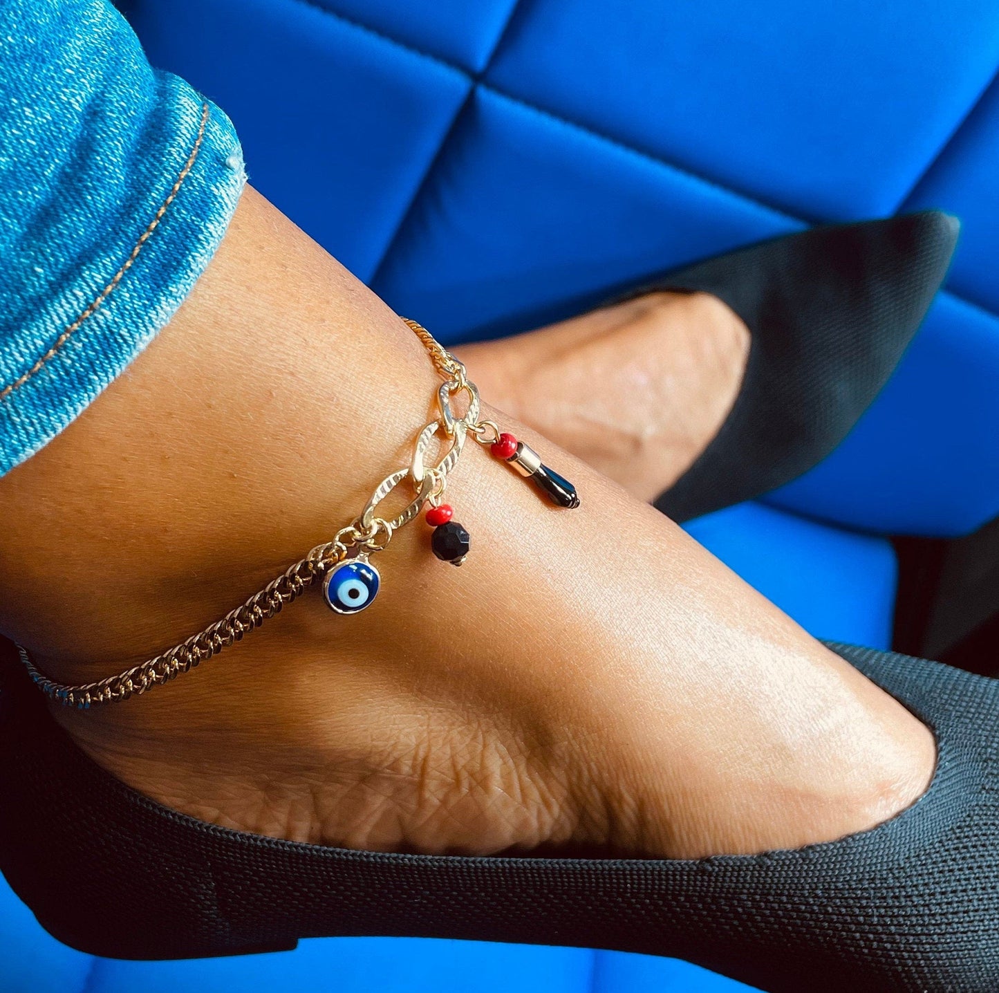18k Gold Filled Protection Anklet Made With Cuban Link Chain And Featuring 3