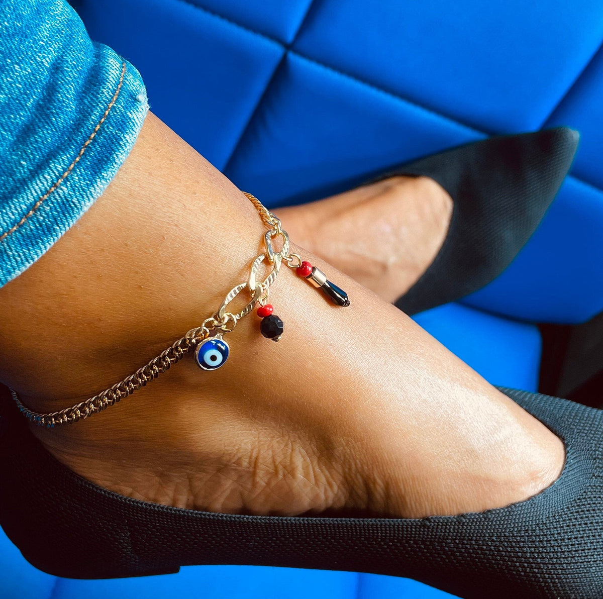 18k Gold Filled Cuban Link Anklet: Evil Eye & Figa Charms