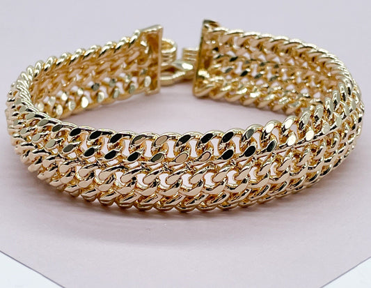 18K Gold Layered Thick Bracelet Feature Three Cuban Link Connected Side by Side