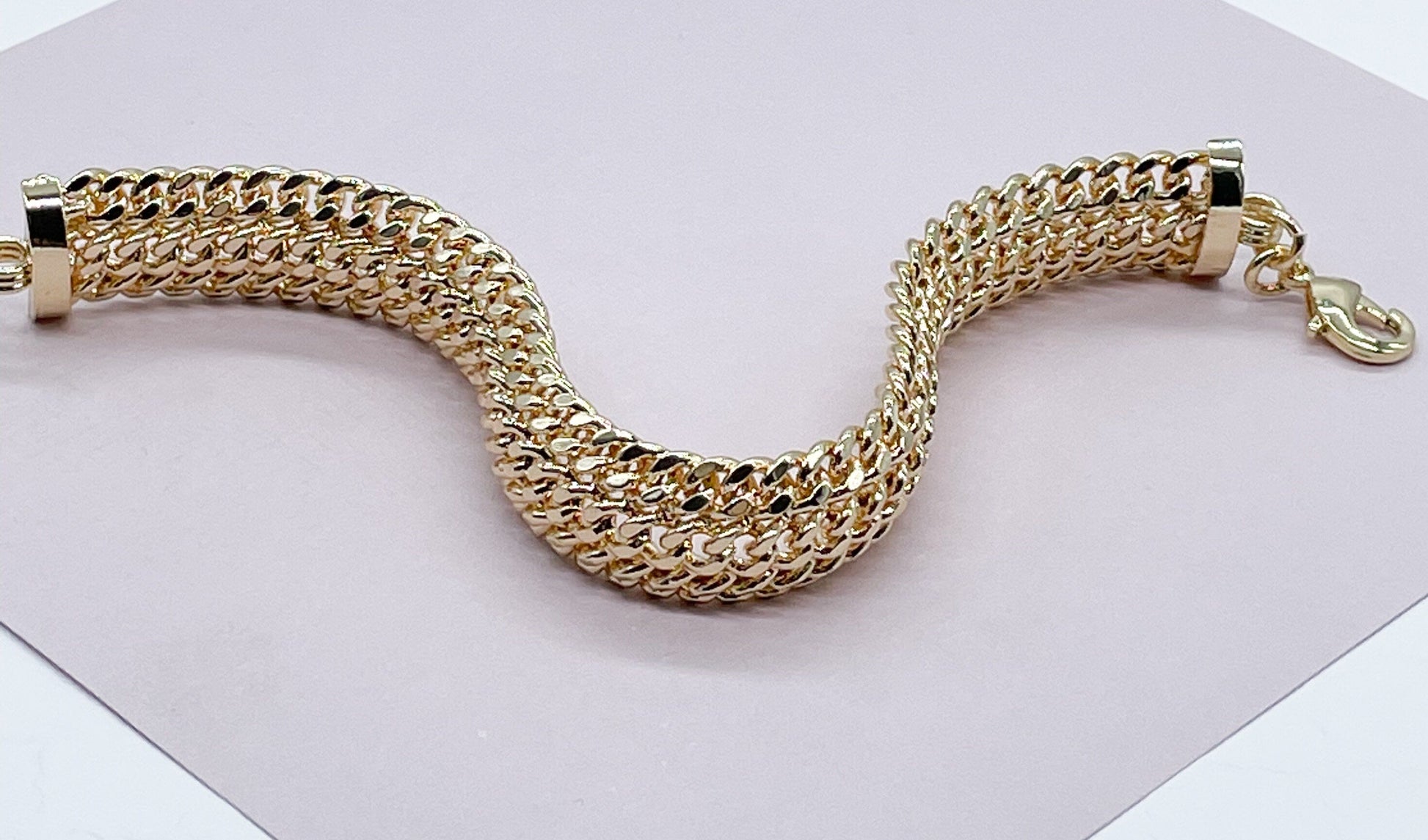 18K Gold Filled Thick Bracelet Feature Three Cuban Link Connected Side by Side