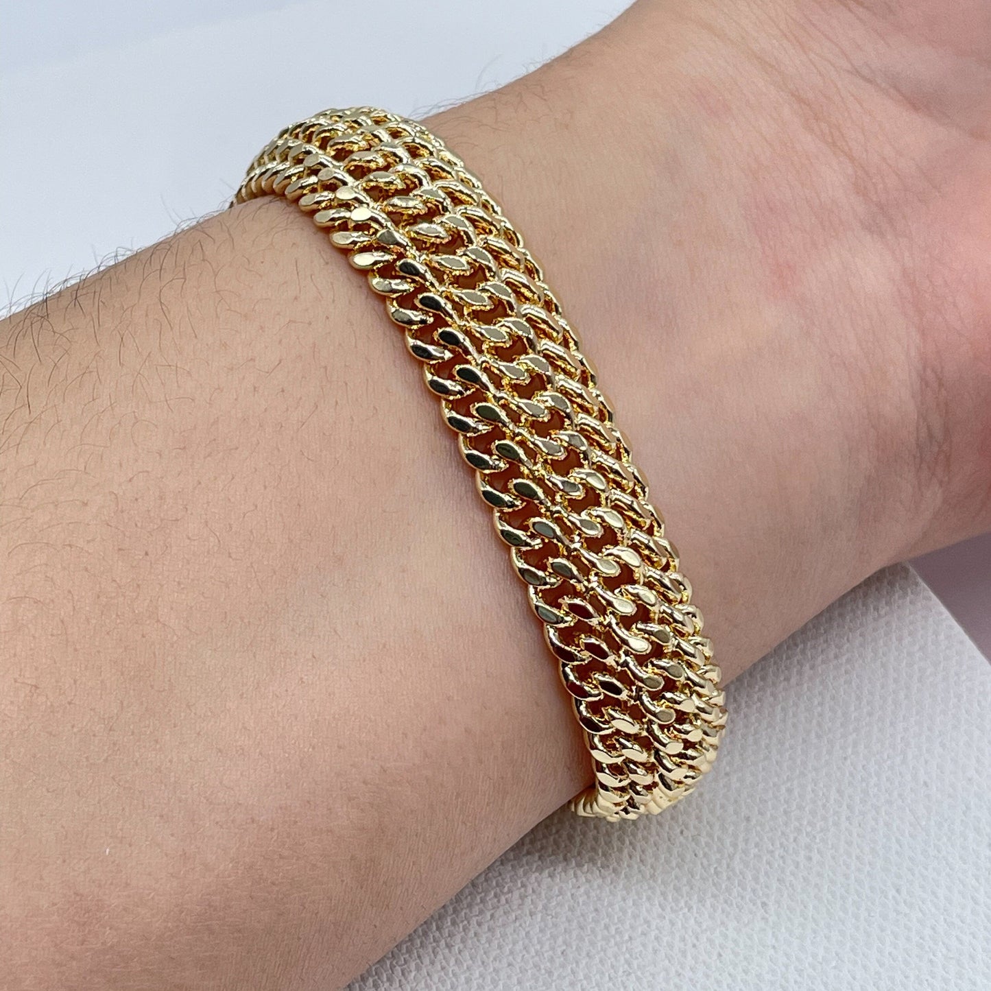 18K Gold Filled Thick Bracelet Feature Three Cuban Link Connected Side by Side